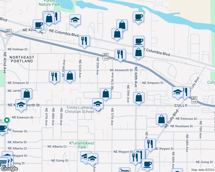 map of restaurants, bars, coffee shops, grocery stores, and more near 5545 Northeast Simpson Street in Portland