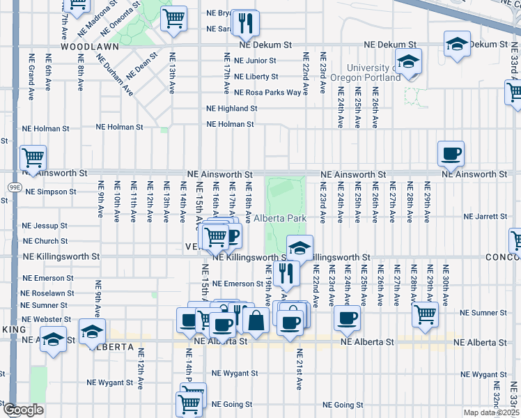 map of restaurants, bars, coffee shops, grocery stores, and more near 5907 Northeast 19th Avenue in Portland