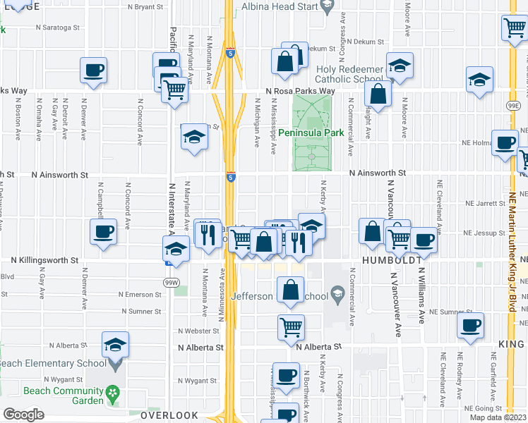 map of restaurants, bars, coffee shops, grocery stores, and more near 834 North Simpson Street in Portland