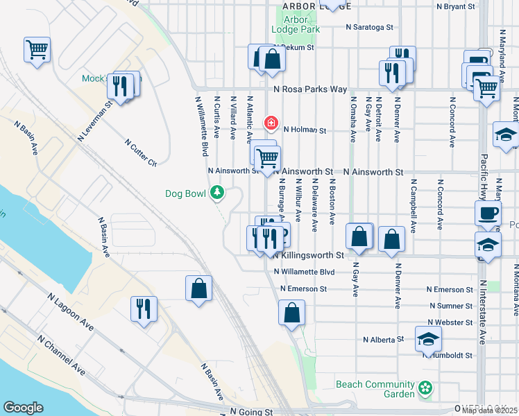 map of restaurants, bars, coffee shops, grocery stores, and more near 5824 North Greeley Avenue in Portland