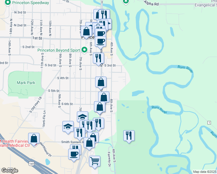 map of restaurants, bars, coffee shops, grocery stores, and more near 403 4th Street South in Princeton