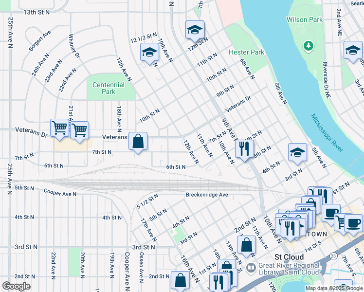 map of restaurants, bars, coffee shops, grocery stores, and more near 815 12th Avenue North in St. Cloud