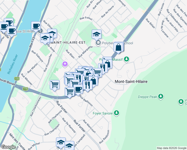 map of restaurants, bars, coffee shops, grocery stores, and more near 381 Rue Blain in Mont-Saint-Hilaire