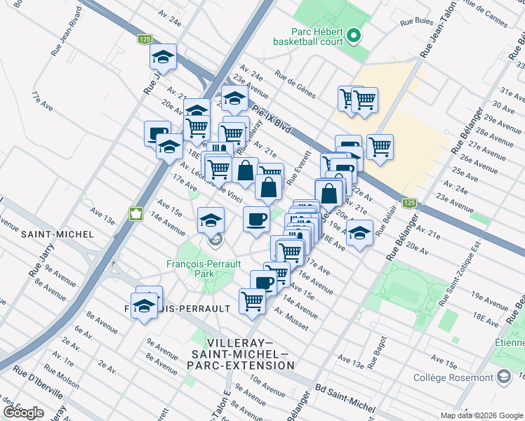 map of restaurants, bars, coffee shops, grocery stores, and more near 7355 Avenue Léonard-De Vinci in Montréal