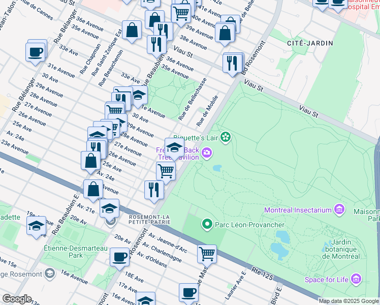 map of restaurants, bars, coffee shops, grocery stores, and more near 6000 29e Avenue in Montreal