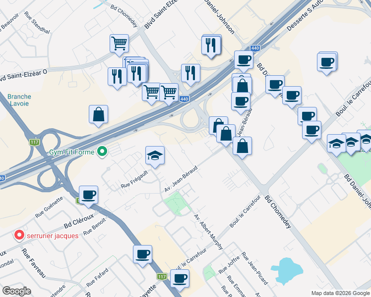 map of restaurants, bars, coffee shops, grocery stores, and more near 3647 Avenue Jean-Béraud in Laval