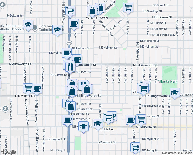 map of restaurants, bars, coffee shops, grocery stores, and more near 864 Northeast Simpson Street in Portland