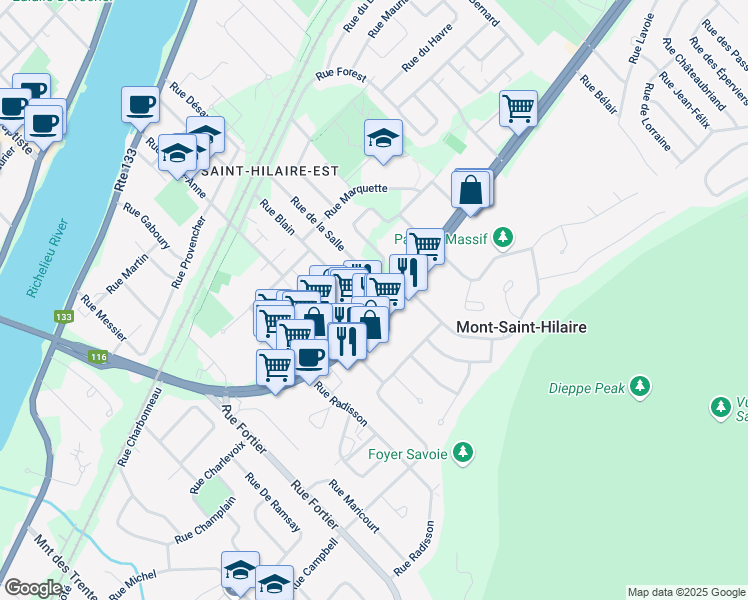 map of restaurants, bars, coffee shops, grocery stores, and more near 381 Rue Blain in Mont-Saint-Hilaire