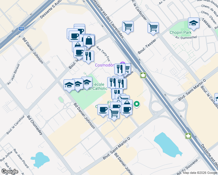 map of restaurants, bars, coffee shops, grocery stores, and more near 2855 Avenue du Cosmodôme in Laval