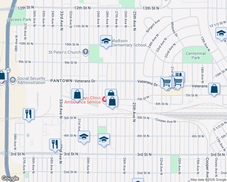 map of restaurants, bars, coffee shops, grocery stores, and more near 745 27th Avenue North in St. Cloud