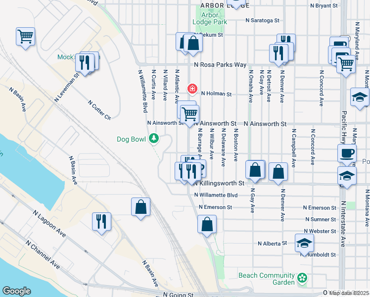 map of restaurants, bars, coffee shops, grocery stores, and more near 5824 North Greeley Avenue in Portland