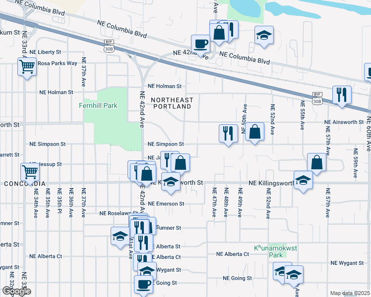 map of restaurants, bars, coffee shops, grocery stores, and more near 4551 Northeast Simpson Street in Portland