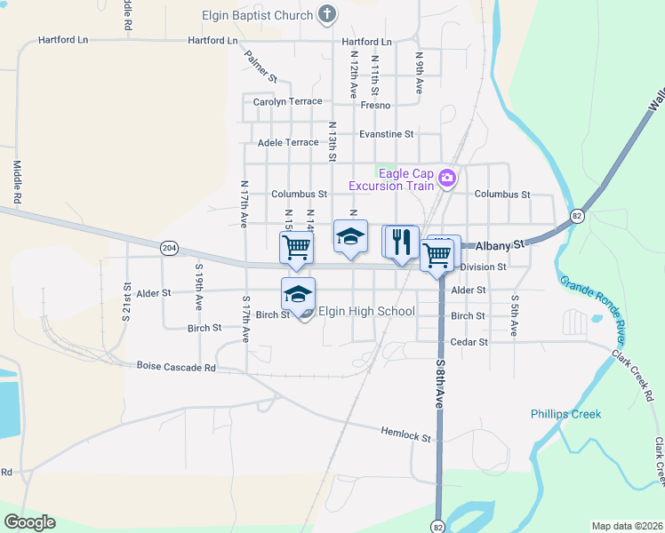 map of restaurants, bars, coffee shops, grocery stores, and more near Oregon 204 in Elgin