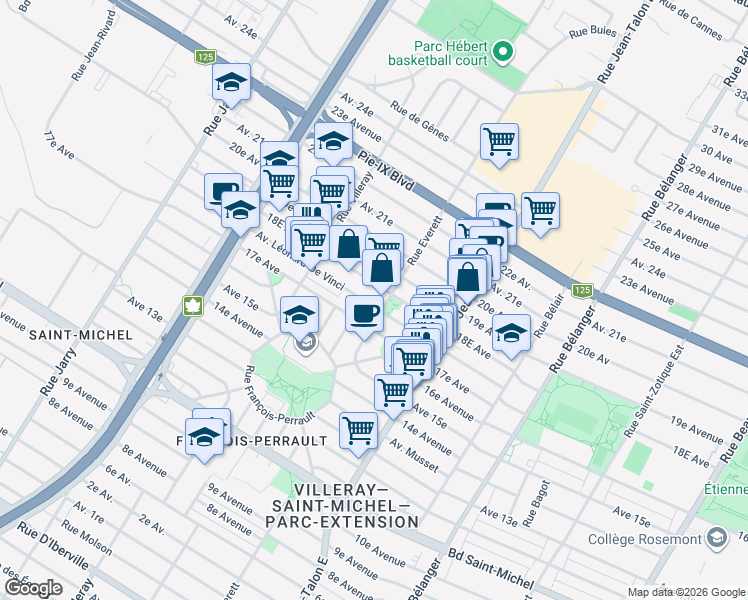 map of restaurants, bars, coffee shops, grocery stores, and more near 7355 Avenue Léonard-De Vinci in Montréal