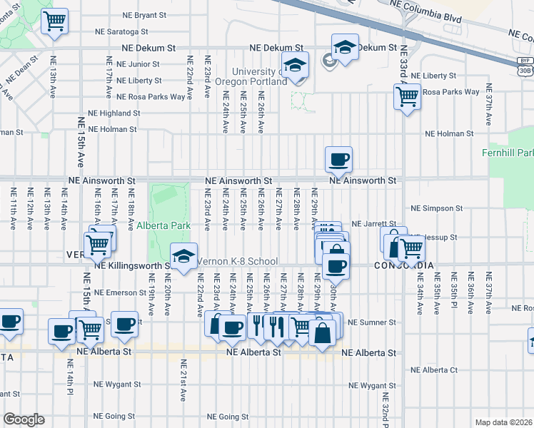 map of restaurants, bars, coffee shops, grocery stores, and more near 5824 Northeast 26th Avenue in Portland