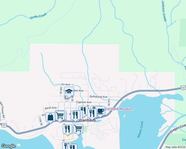 map of restaurants, bars, coffee shops, grocery stores, and more near 801 1st Street in Garibaldi