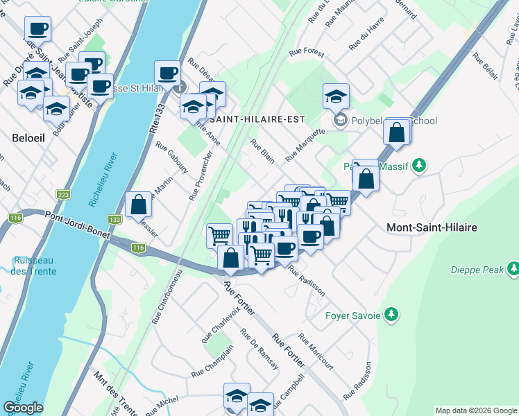 map of restaurants, bars, coffee shops, grocery stores, and more near 306 Rue Jacques-Odelin in Mont-Saint-Hilaire