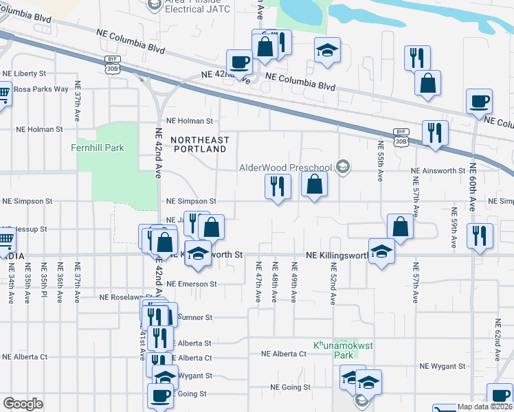map of restaurants, bars, coffee shops, grocery stores, and more near 4670 Northeast Simpson Street in Portland