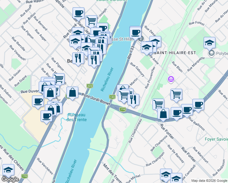 map of restaurants, bars, coffee shops, grocery stores, and more near 42 Chemin des Patriotes Nord in Mont-Saint-Hilaire