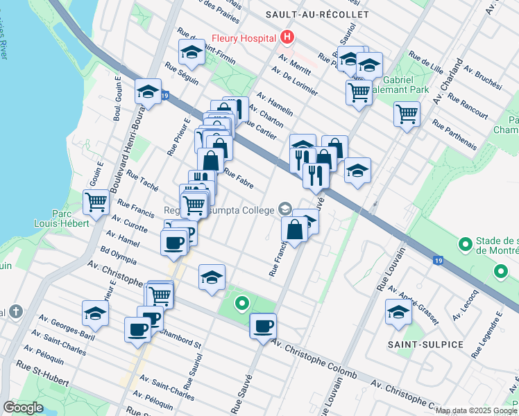 map of restaurants, bars, coffee shops, grocery stores, and more near Rue Sauriol Est in Montréal