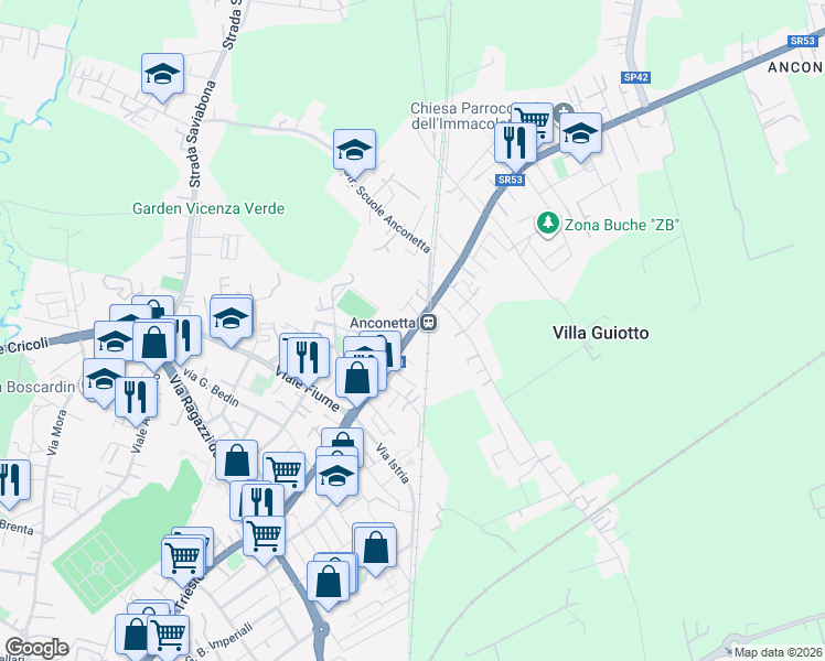 map of restaurants, bars, coffee shops, grocery stores, and more near 441 Viale Trieste in Vicenza