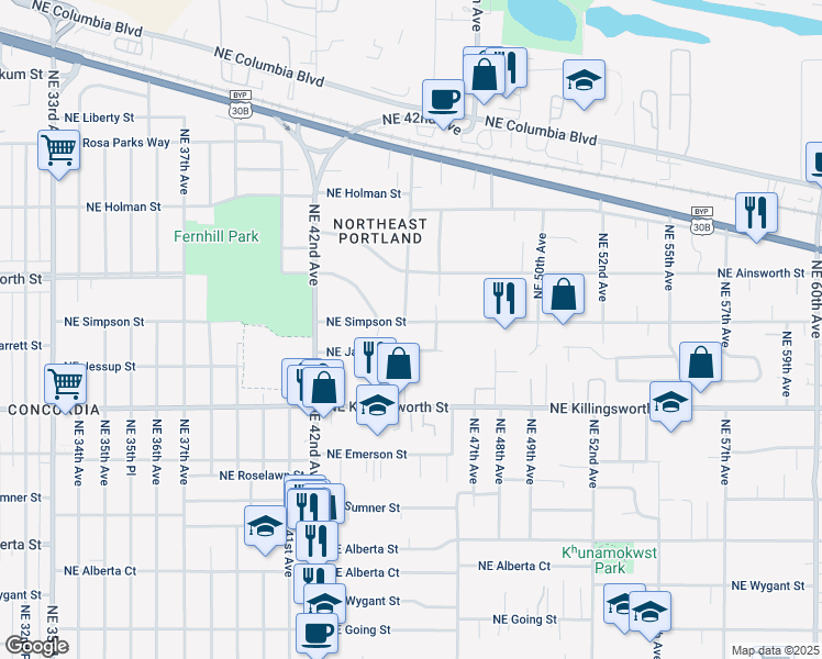 map of restaurants, bars, coffee shops, grocery stores, and more near 4551 Northeast Simpson Street in Portland
