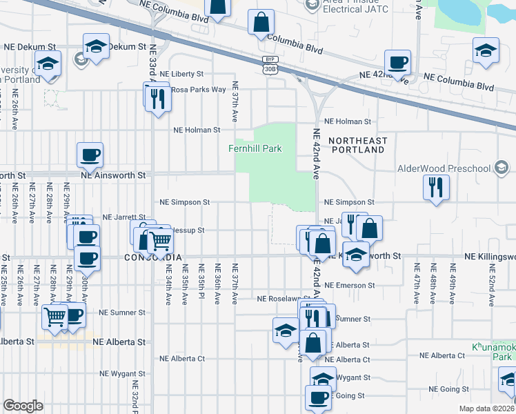map of restaurants, bars, coffee shops, grocery stores, and more near 4121 Northeast Simpson Street in Portland