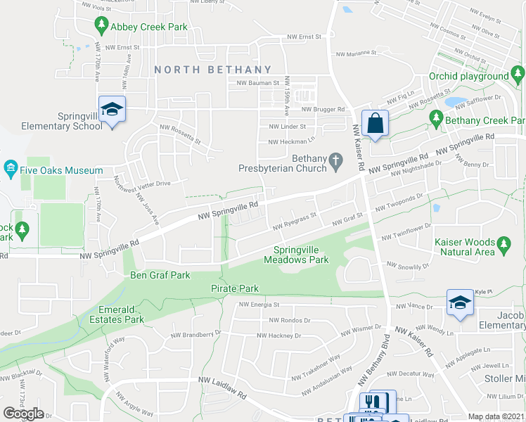 map of restaurants, bars, coffee shops, grocery stores, and more near 6349 Northwest 160th Avenue in Portland