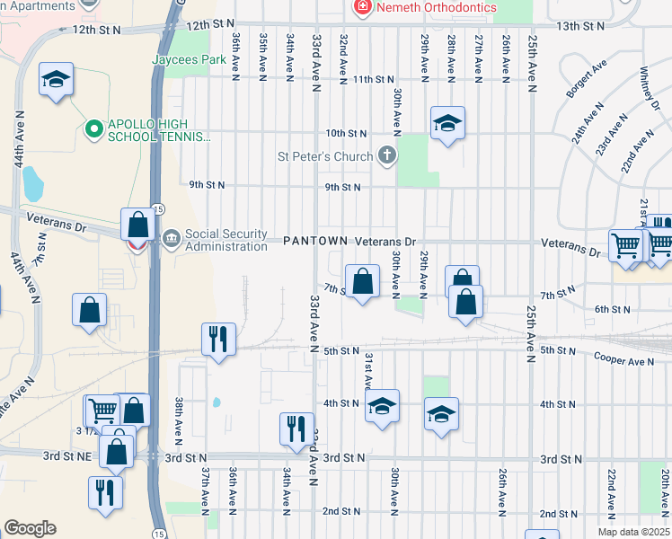 map of restaurants, bars, coffee shops, grocery stores, and more near 757 32nd Avenue North in St. Cloud