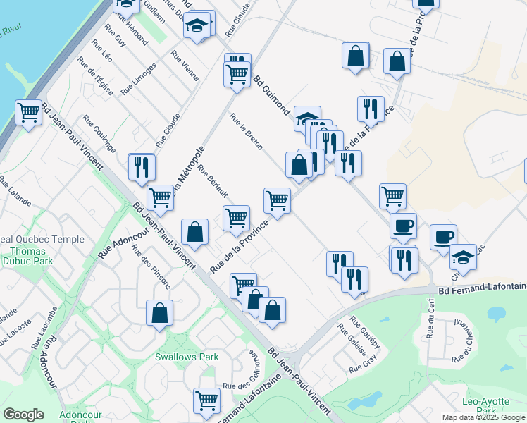 map of restaurants, bars, coffee shops, grocery stores, and more near 629 Rue Bériault in Longueuil