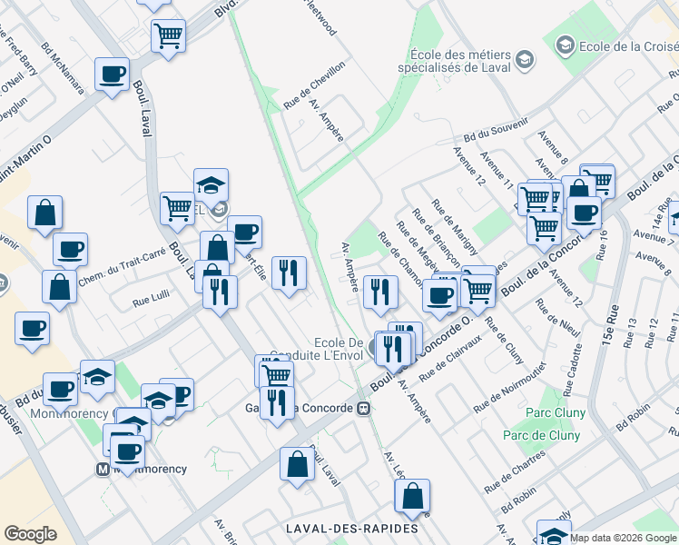 map of restaurants, bars, coffee shops, grocery stores, and more near 672 Avenue Ampère in Laval