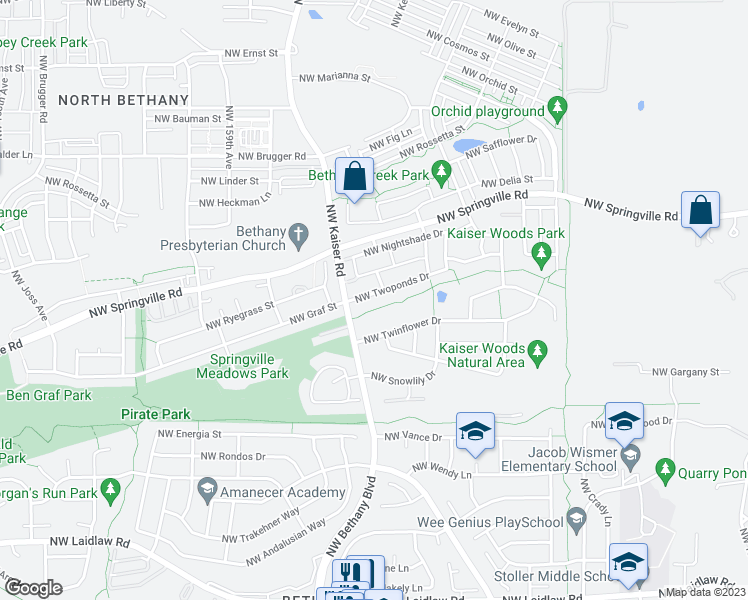 map of restaurants, bars, coffee shops, grocery stores, and more near 15328 Northwest Twoponds Drive in Portland