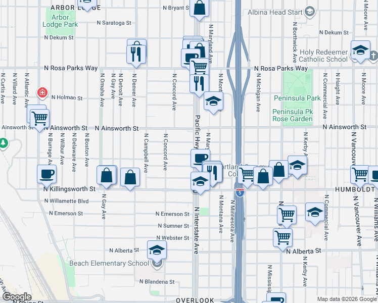 map of restaurants, bars, coffee shops, grocery stores, and more near 1519 North Jarrett Street in Portland