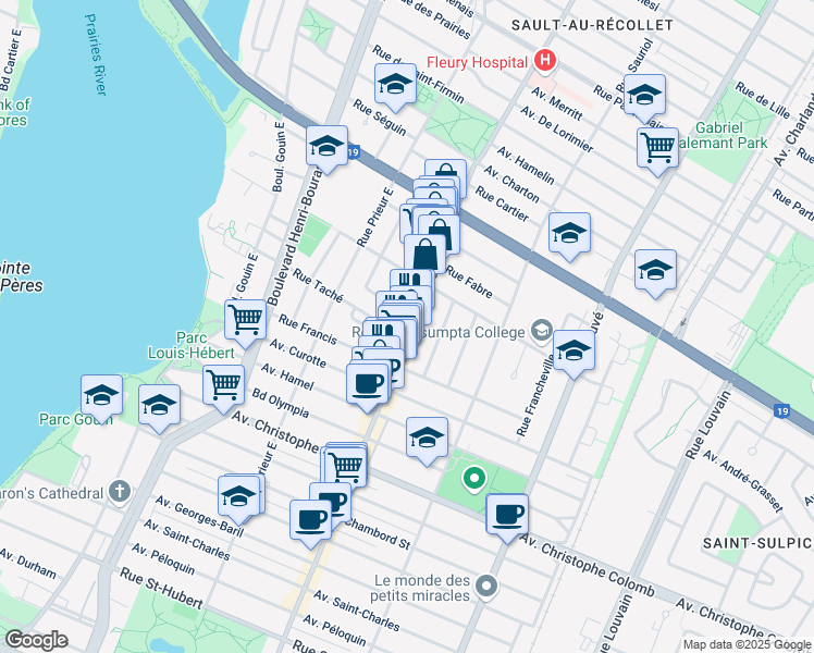 map of restaurants, bars, coffee shops, grocery stores, and more near 1659 Rue Fleury Est in Montréal