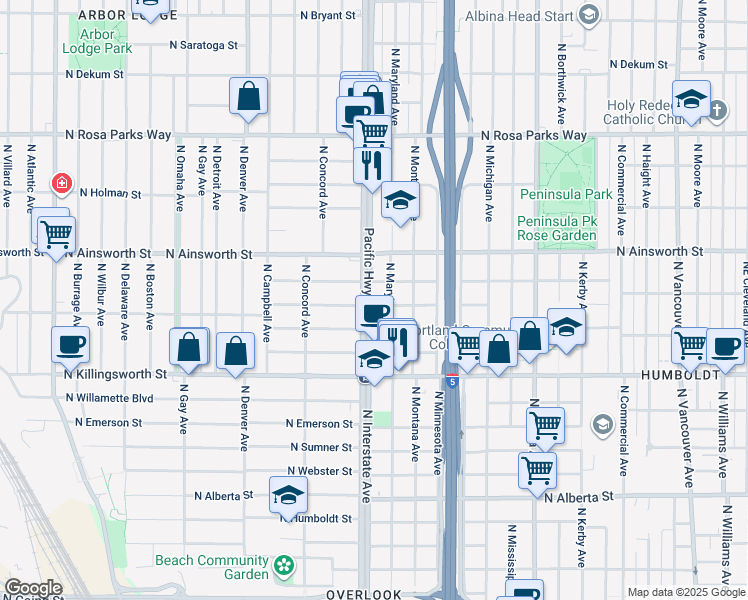 map of restaurants, bars, coffee shops, grocery stores, and more near 5826 North Interstate Avenue in Portland