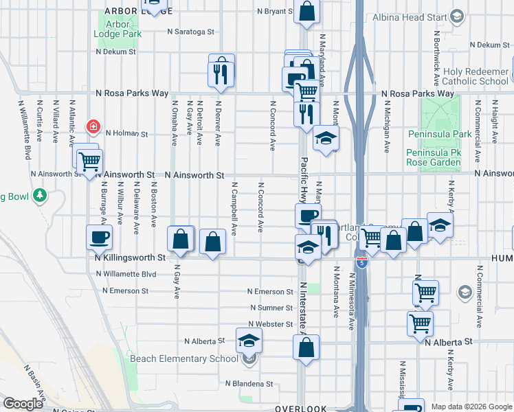 map of restaurants, bars, coffee shops, grocery stores, and more near 1707 North Jarrett Street in Portland