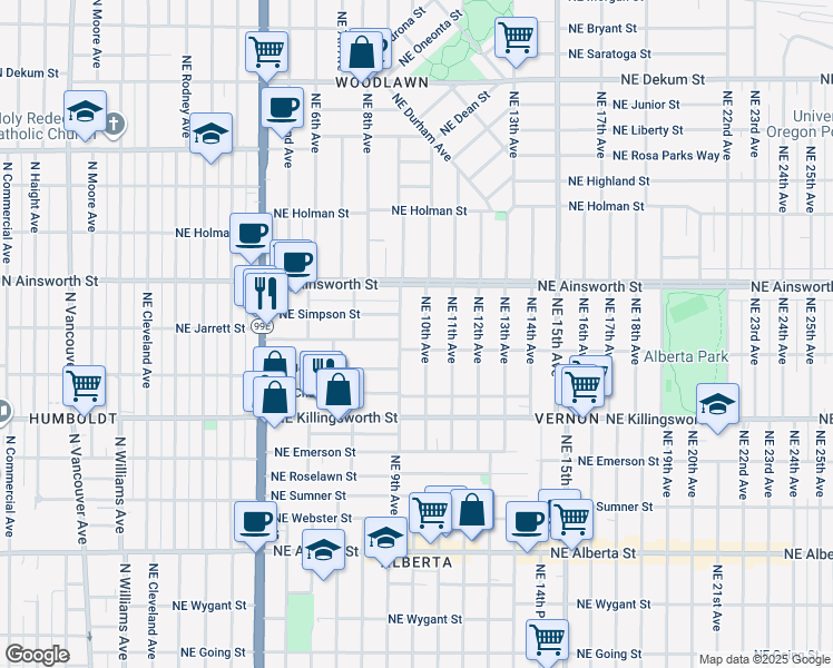 map of restaurants, bars, coffee shops, grocery stores, and more near 5900 Northeast 10th Avenue in Portland