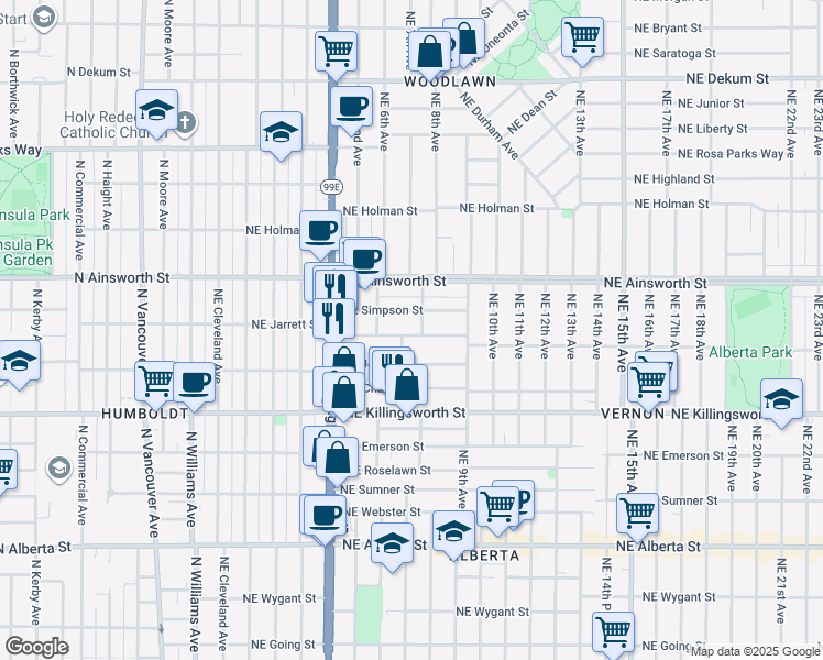 map of restaurants, bars, coffee shops, grocery stores, and more near 5835 Northeast 8th Avenue in Portland