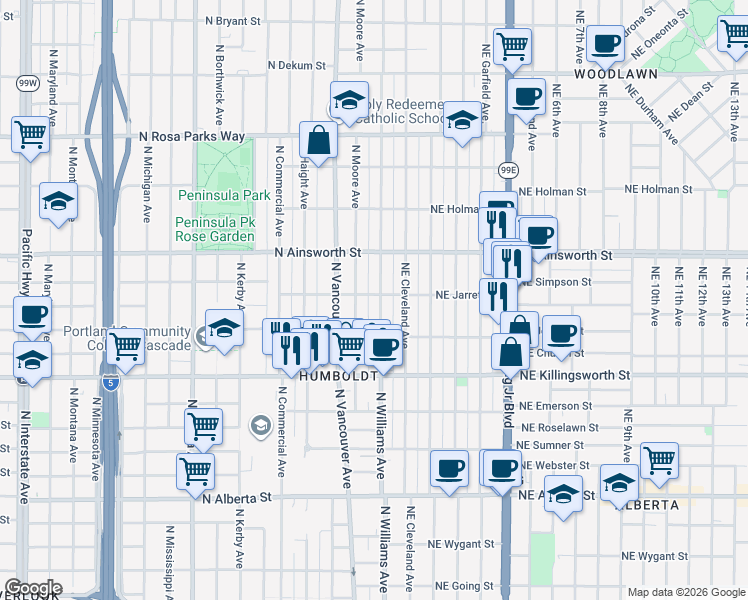 map of restaurants, bars, coffee shops, grocery stores, and more near 5825 North Williams Avenue in Portland