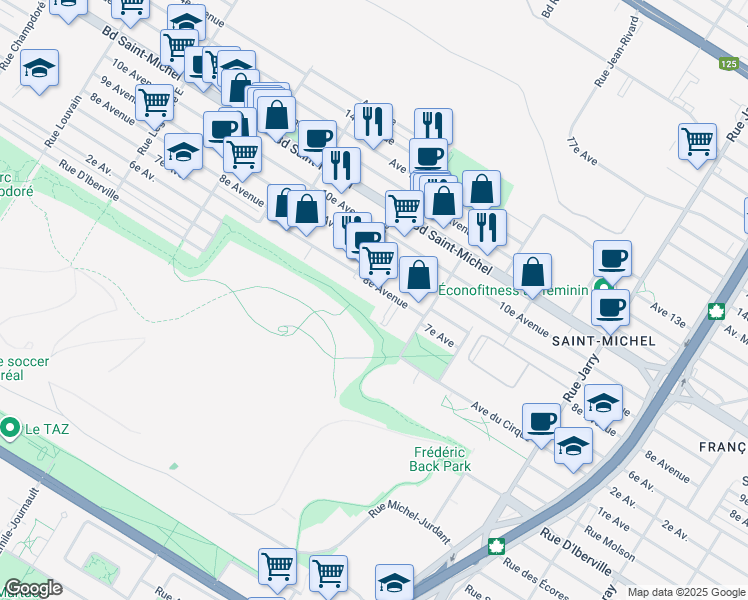 map of restaurants, bars, coffee shops, grocery stores, and more near 8580 8e Avenue in Montréal