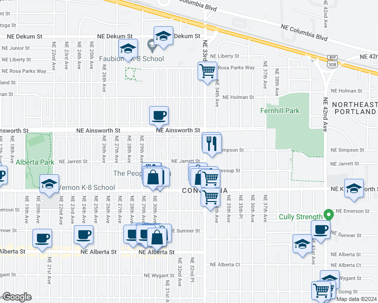 map of restaurants, bars, coffee shops, grocery stores, and more near 5835 Northeast 32nd Place in Portland