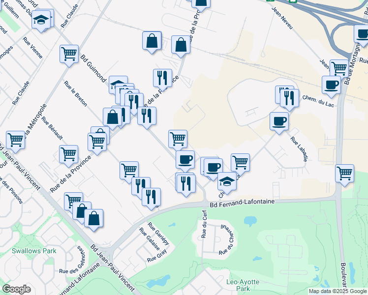 map of restaurants, bars, coffee shops, grocery stores, and more near 805 Boulevard Guimond in Longueuil