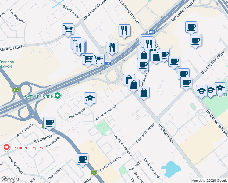 map of restaurants, bars, coffee shops, grocery stores, and more near 3659 Avenue Jean-Béraud in Laval