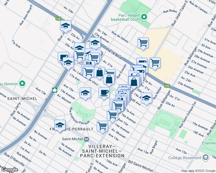 map of restaurants, bars, coffee shops, grocery stores, and more near 7350 18E Avenue in Montreal