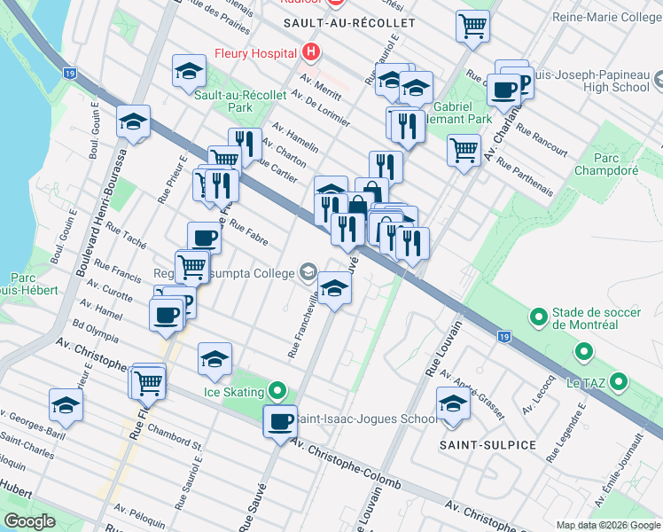 map of restaurants, bars, coffee shops, grocery stores, and more near 1784 Rue Francheville in Montréal