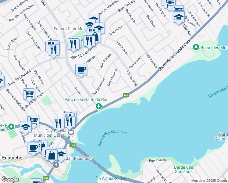 map of restaurants, bars, coffee shops, grocery stores, and more near 100 Rue Maurice in Saint-Eustache