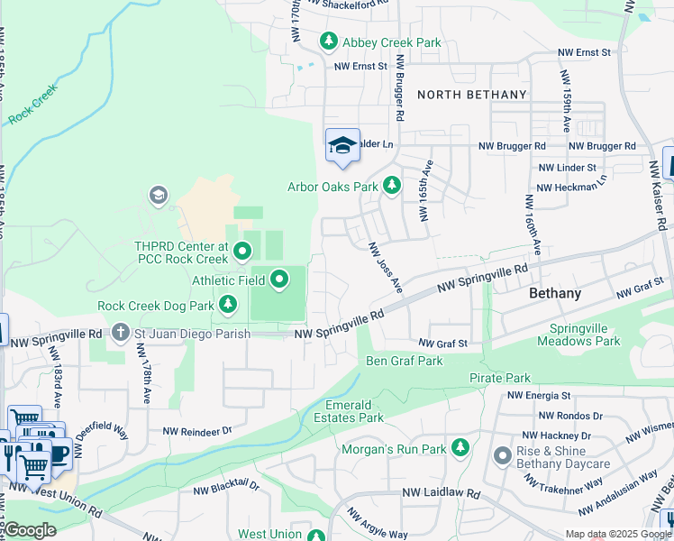 map of restaurants, bars, coffee shops, grocery stores, and more near 17075 Northwest Springville Road in Portland