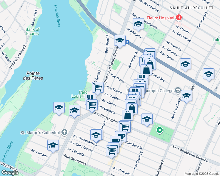 map of restaurants, bars, coffee shops, grocery stores, and more near 10615 Rue Francis in Montreal