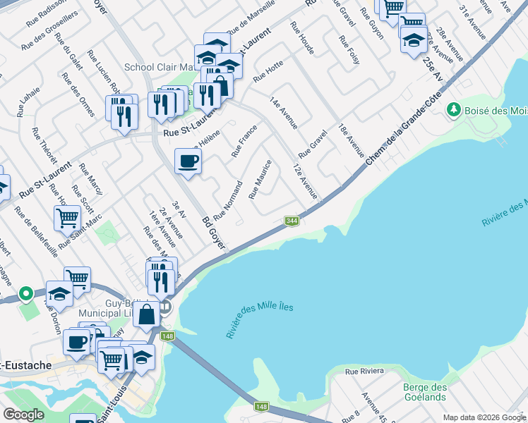 map of restaurants, bars, coffee shops, grocery stores, and more near 100 Rue Maurice in Saint-Eustache