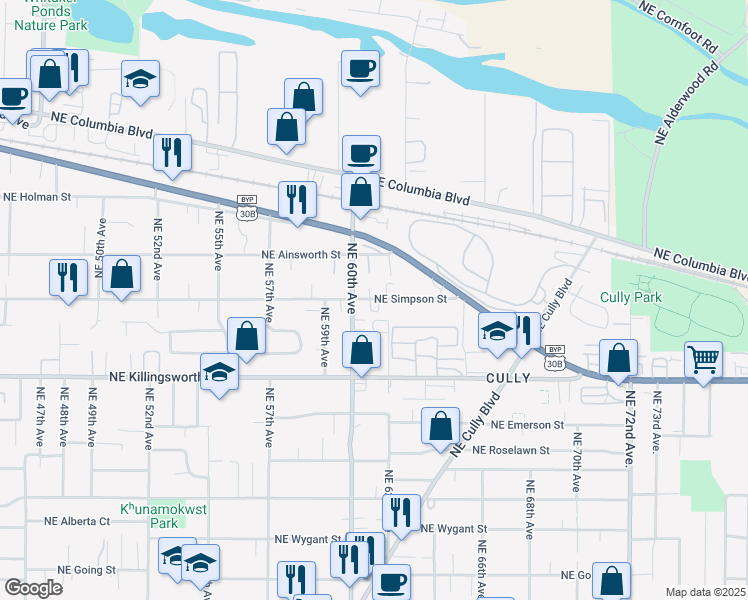 map of restaurants, bars, coffee shops, grocery stores, and more near 6119 Northeast Simpson Street in Portland